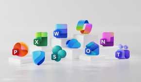 Microsoft Office apps standing together on podiums with Copilot on top