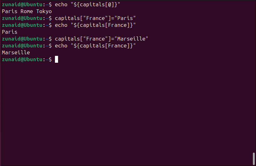 Modificando elementos da matriz associativa Bash reatribuindo valores.