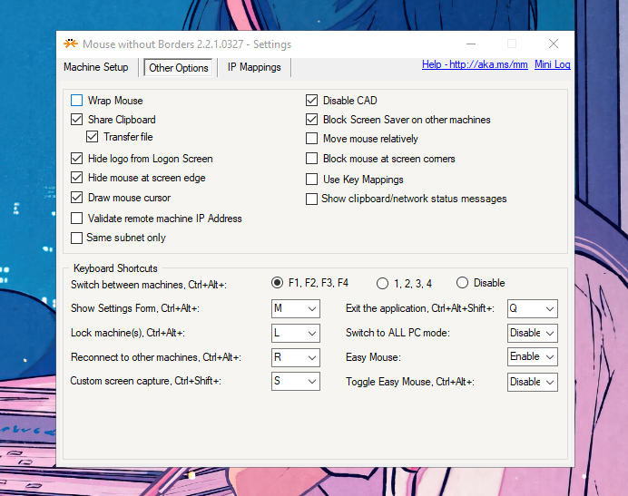 Mouse sem bordas Outras configurações.