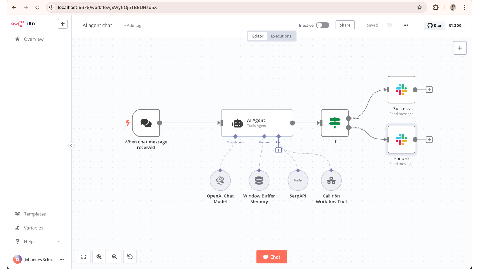 n8n workflow shown in Chrome.
