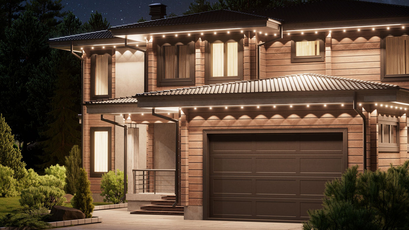 Nanoleaf permanent outdoor lights set up outside of the house.