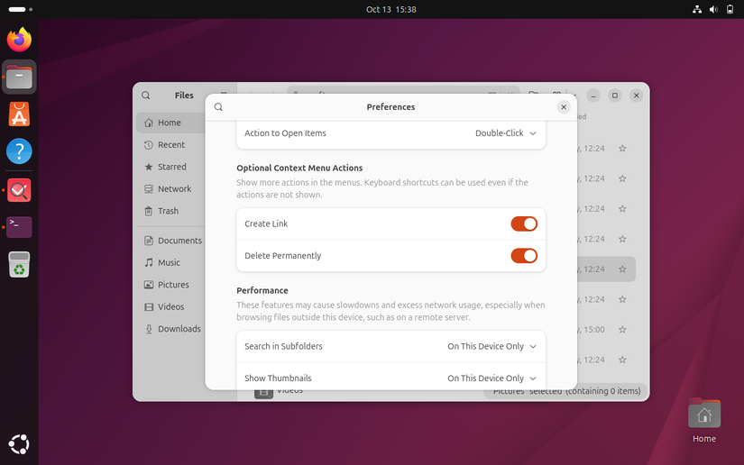 Menu de preferências do Nautilus mostrando a opção para ativar a criação de links e exclusão permanente.
