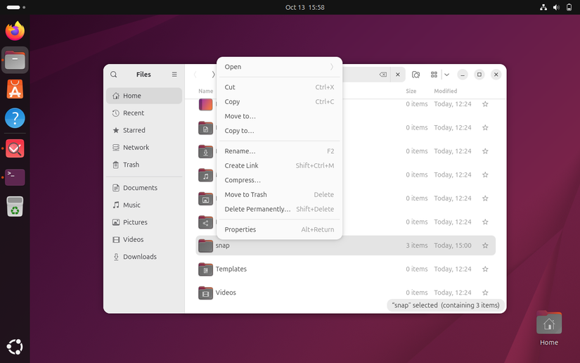 Menu do botão direito do Nautilus mostrando opções de criação de link e exclusão permanente.