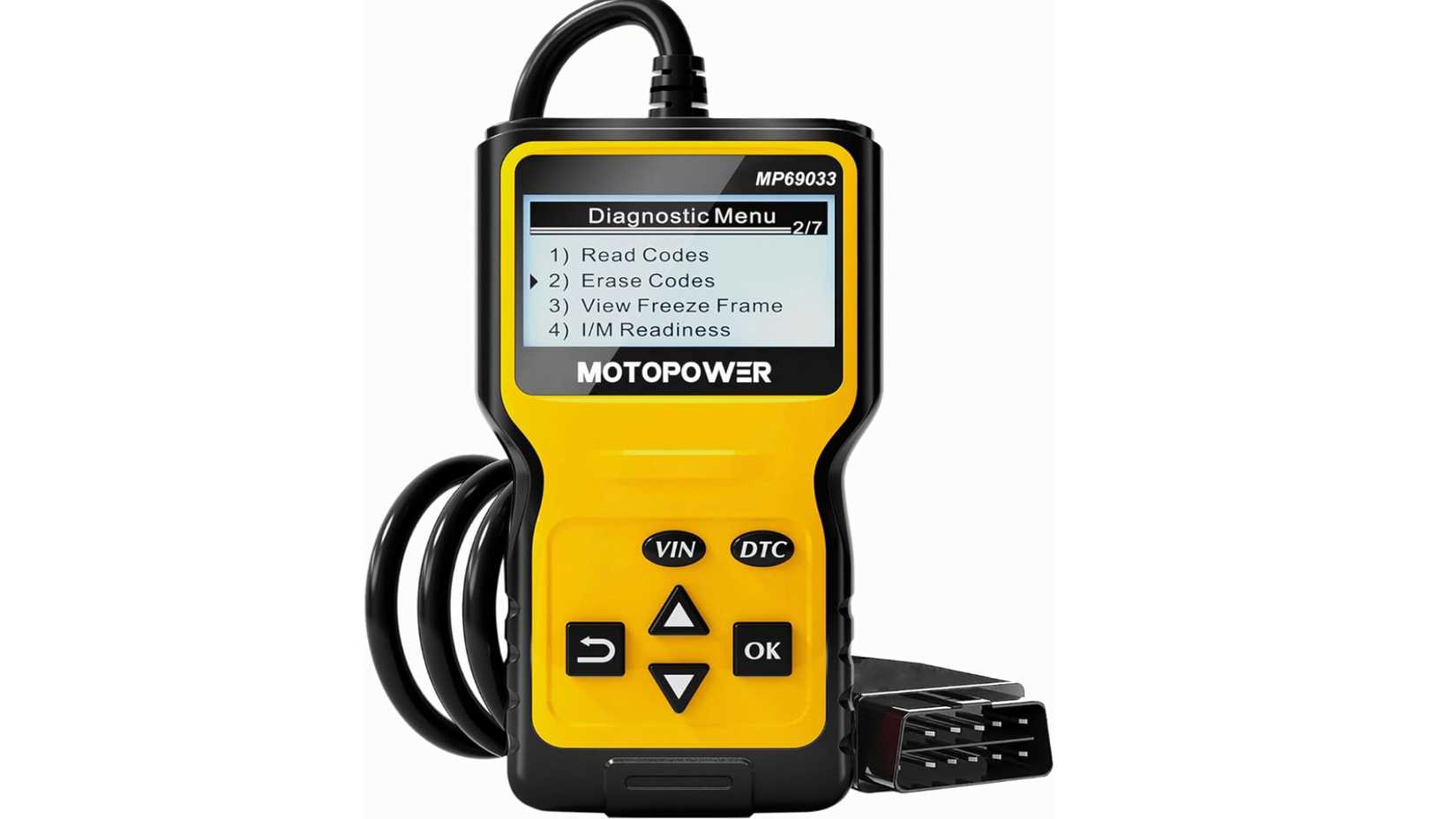 OBD2 scanner with features shown on the screen.