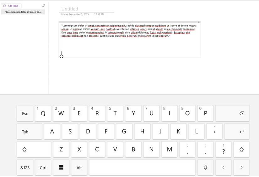 Onenote virtual keyboard being used