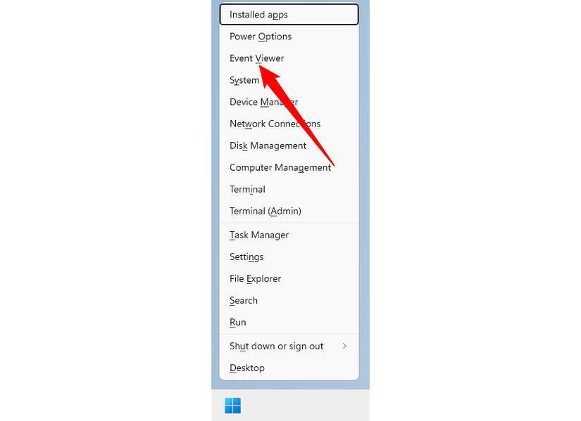 Abrindo o Visualizador de Eventos por meio do menu do usuário avançado.