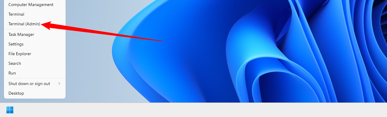 Opening the Terminal from the Power User Menu.