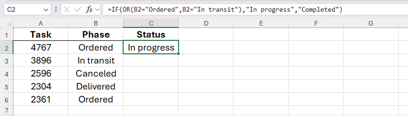 The words 'In progress' are returned in cell C2 in Excel due to a formula that nests OR inside IF to evaluate the value in cell B2.