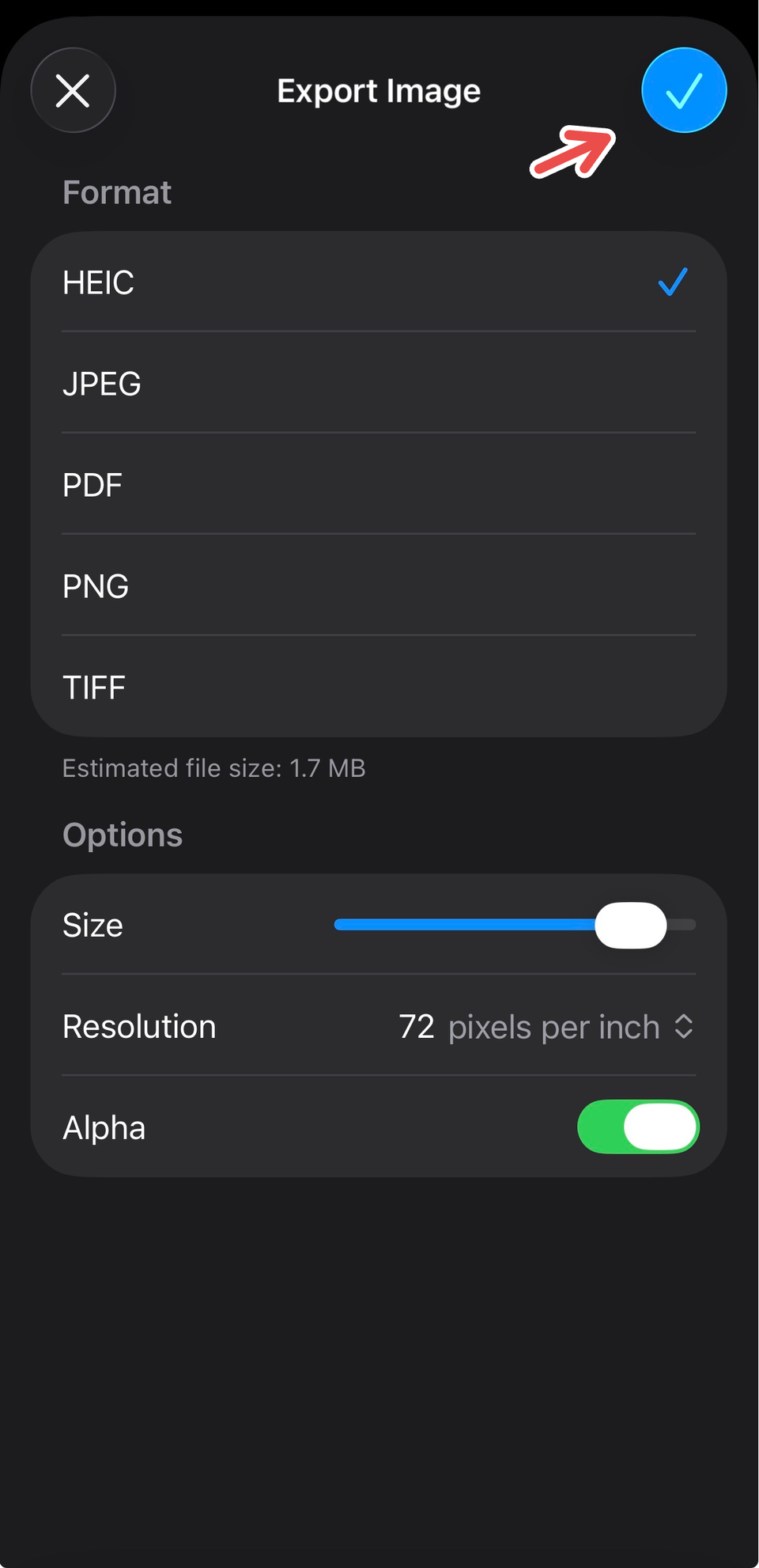 Export options on Preview for iPhone.
