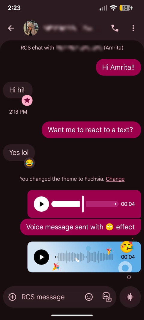 A voice note with a Voice Mood applied on Google Messages.