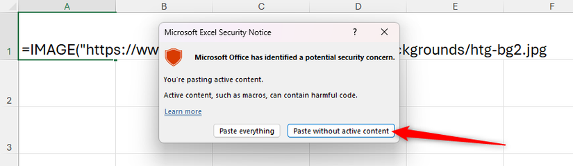 Paste Without Active Content is selected in the Microsoft Excel Security Notice window.