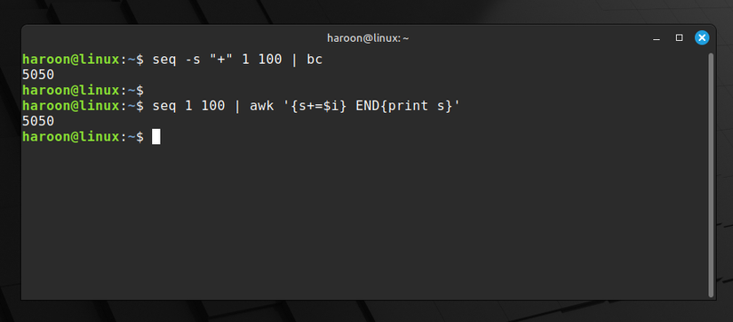Executando operação matemática usando o comando SEQ junto com AWK e BC.