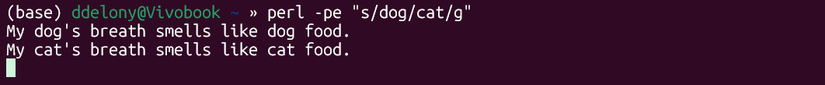 Perl global search and replace of "dog" with "cat."