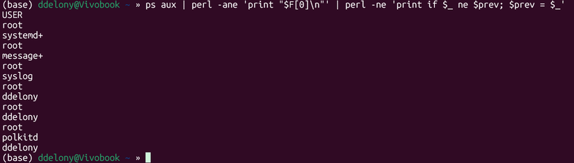 Printing unique items from another Perl one liner with a Perl one-liner.