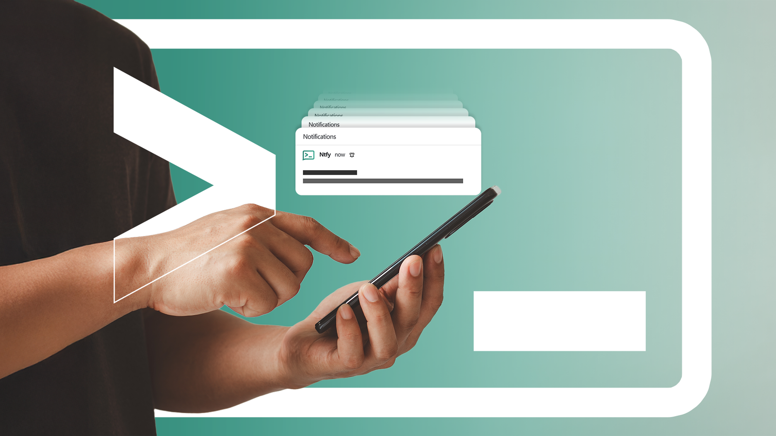 Person holding a smartphone with the ntfy.sh logo in the background and notifications appearing on the screen.