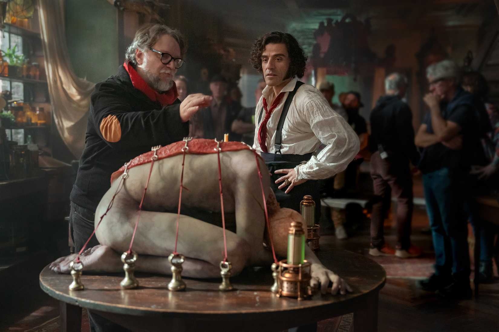 Guillermo del Toro and Oscar Isaac on the set on Frankenstein.