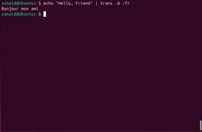 Canalizando a saída do comando echo para a ferramenta Translate Shell.