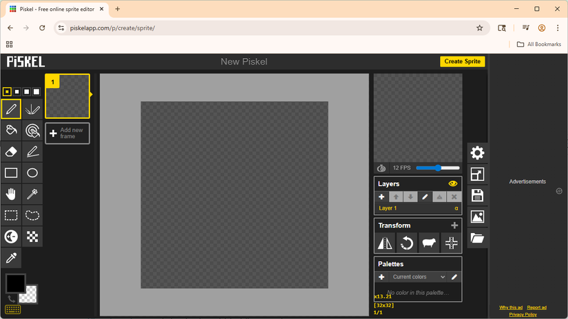 Piskel is open in Google Chrome.