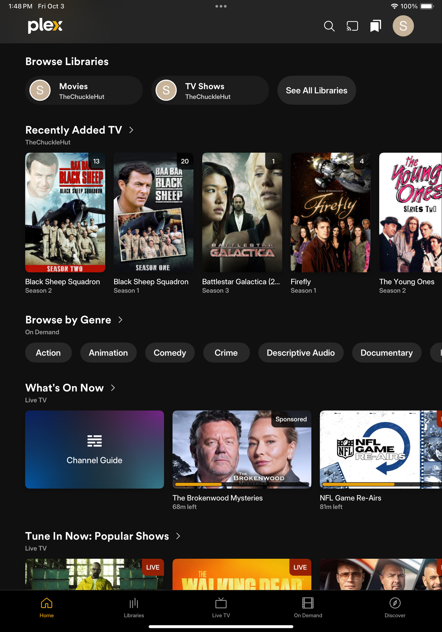 A screenshot of the Plex streaming platform homepage on an Apple iPad.