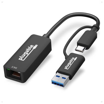 Plugable 2.5G Ethernet adapter on a white background.