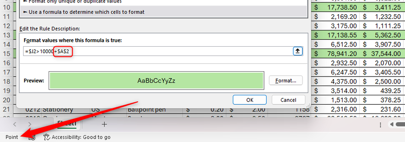 El modo de puntos se activa en Excel y se agrega una referencia de celda a una fórmula de formato condicional.