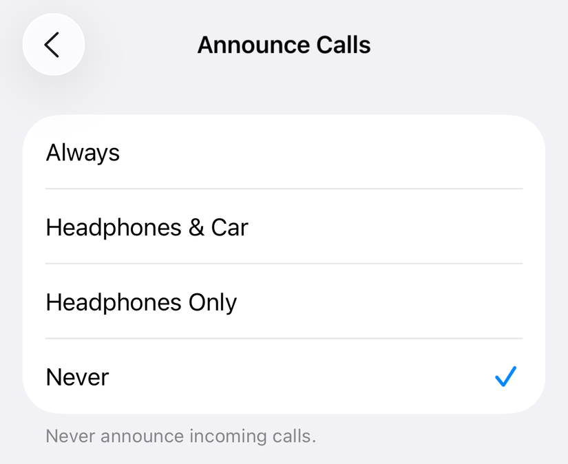 Preventing Siri from announcing calls in iPhone Settings.