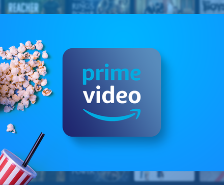 Prime Video logo with spilled popcorn, a striped drink cup, a movie clapperboard, and a blurred grid of shows in the background.