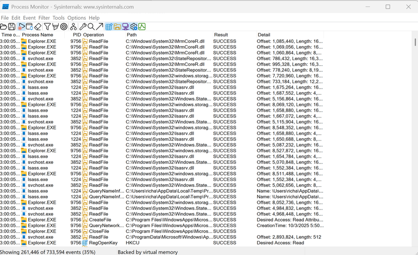 Uma captura de tela do utilitário ProcMon que faz parte do Sysinternals Suite, projetado para monitorar processos do Windows.