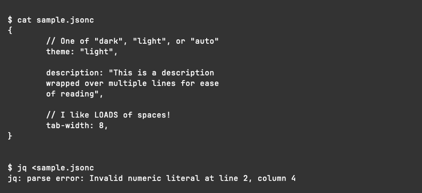 Uma sessão de terminal mostrando um arquivo JSONC para o qual jq relata um erro: 