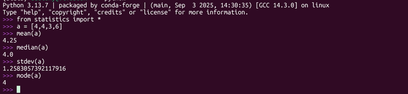 Descriptive statistics in the Python interactive interpreter using the statistics module.