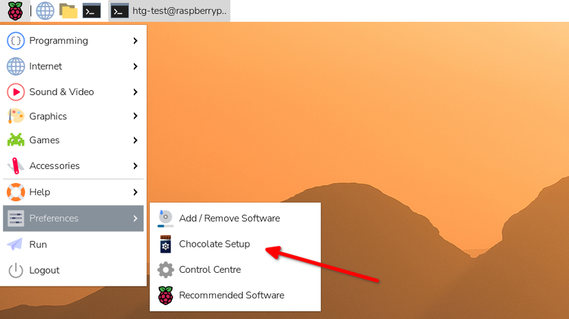 Raspberry Pi OS application menu with an arrow pointing to the Chocolate Setup menu item.