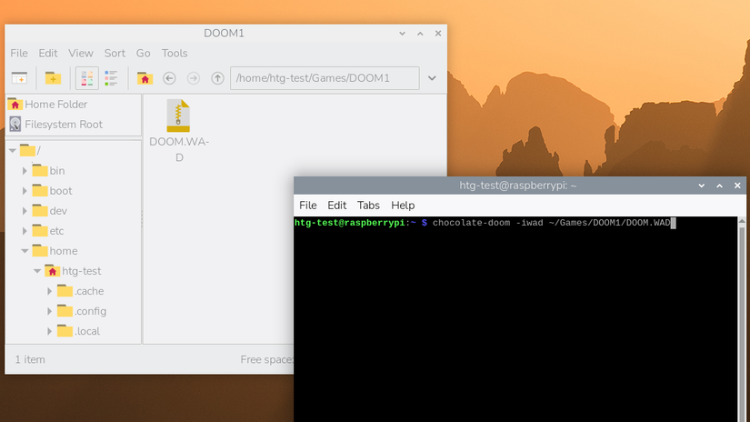 Raspberry Pi OS file browser open with a Doom WAD file visible and a terminal open with a command to run the WAD file with Chocolate Doom.