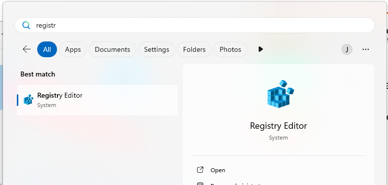 Registry editor in the Windows 11 start menu.