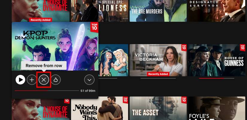 Removing a title from Continue Watching on the Netflix web interface.