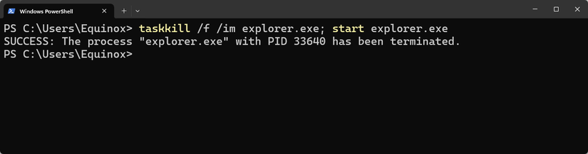Restarting Windows Explorer from the Windows Terminal.