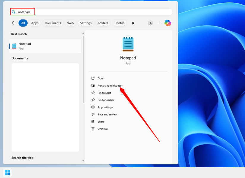 Find Notepad, then select "Run as administrator."