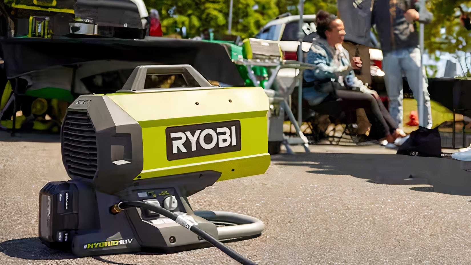 Ryobi air heater outside warming up some people. 