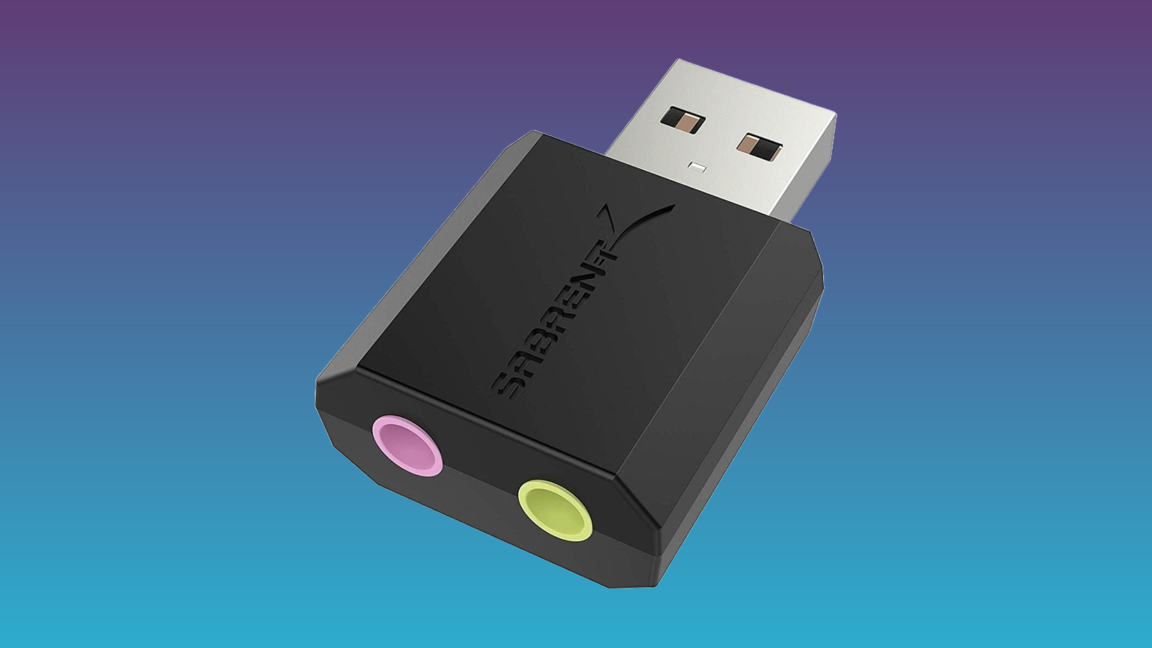 Sabrent USB audio card on a blue background.