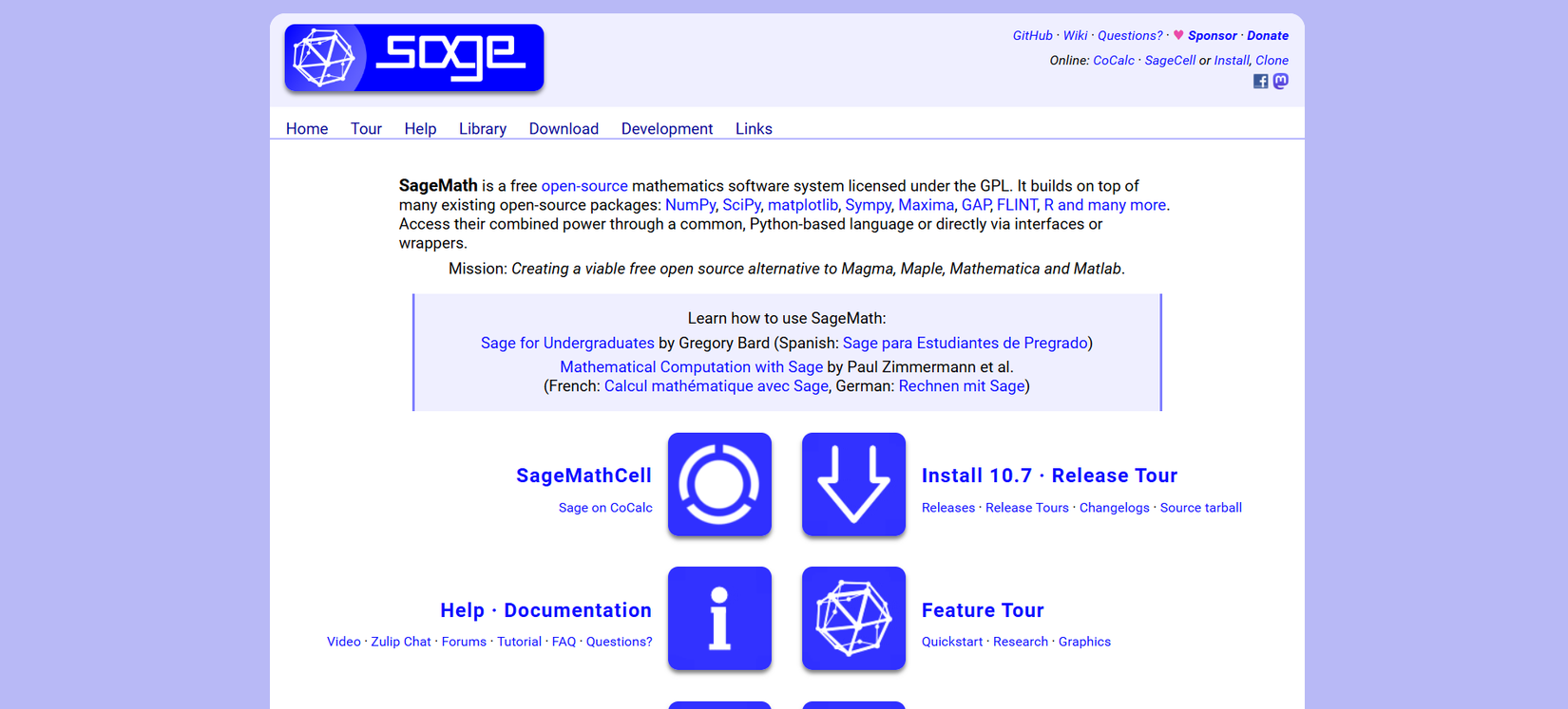 Página inicial do SageMath.