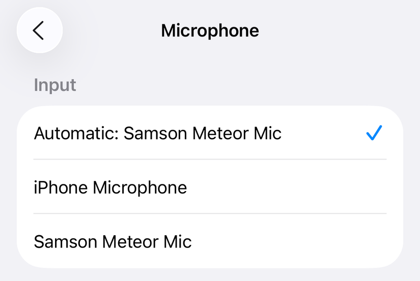 Samson Meteor microphone in the iOS 26 Settings app.