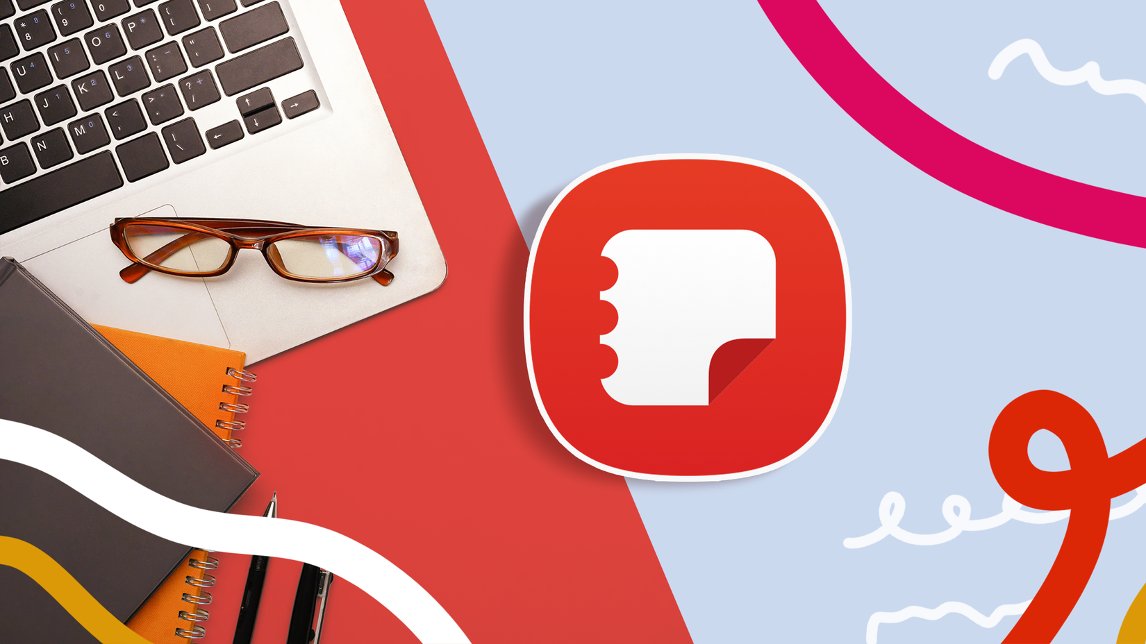 The Samsung Notes logo is displayed next to a laptop, glasses and notebooks on a colorful workspace background.