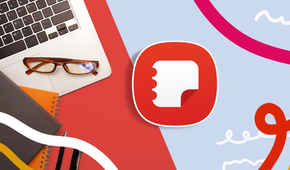 Samsung Notes logo displayed beside a laptop, glasses, and notebooks on a colorful workspace background.