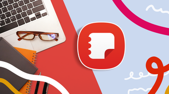 Samsung Notes logo displayed beside a laptop, glasses, and notebooks on a colorful workspace background.