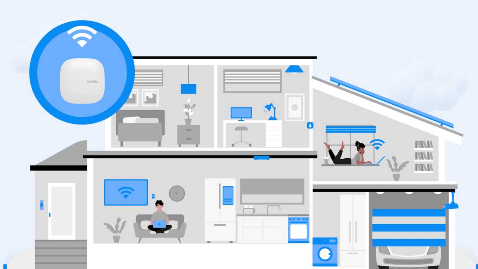O novo Smart Home Hub 2 da Samsung sendo usado em uma casa onde muitas pessoas estão usando a conexão