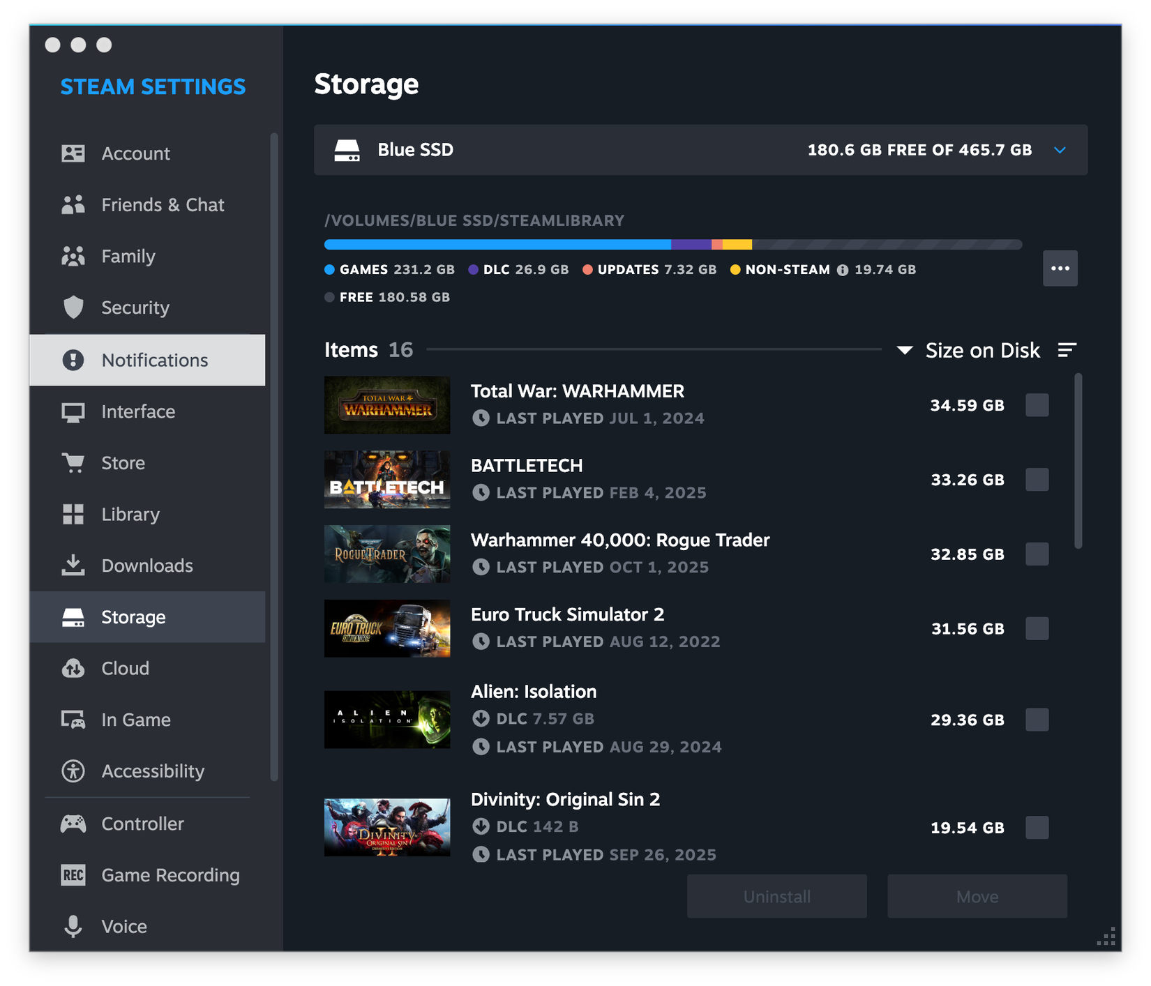 Steam storage showing the contents of an SSD.