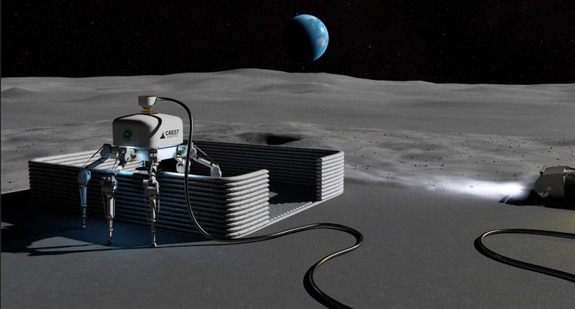A CG representation of Charlotte the robot building a structure on the Moon's surface.