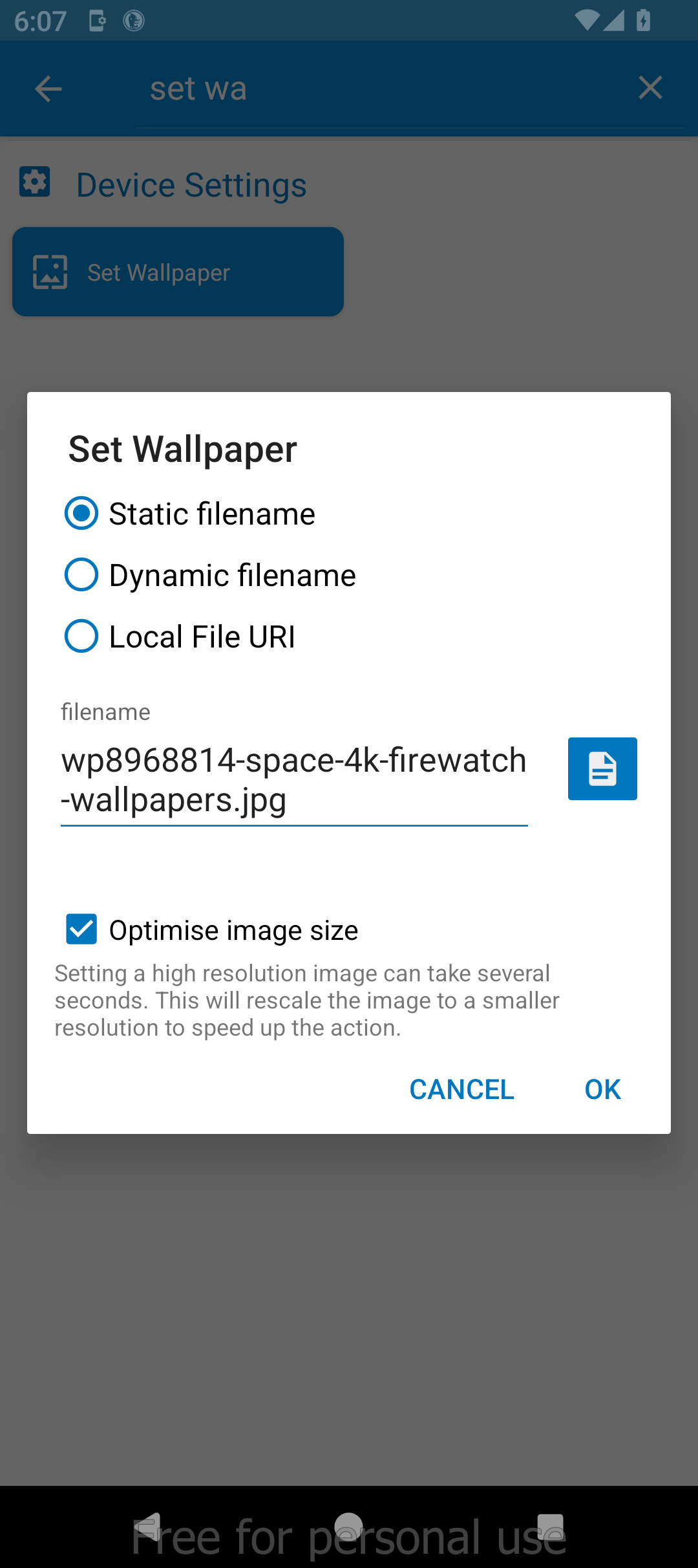 Adding an image to the Set Wallpaper action. 