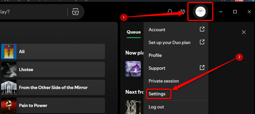 The home screen on Spotify's desktop app showing account-related options.