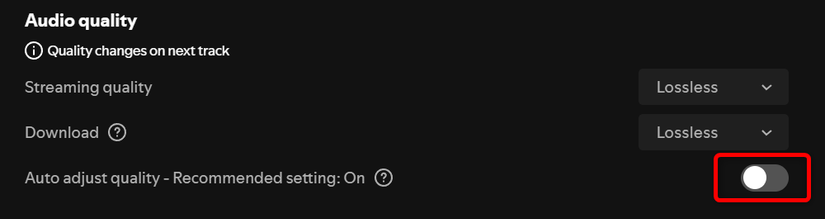 The Streaming and download quality menu in Spotify's desktop app with the "Auto adjust quality" option disabled. 