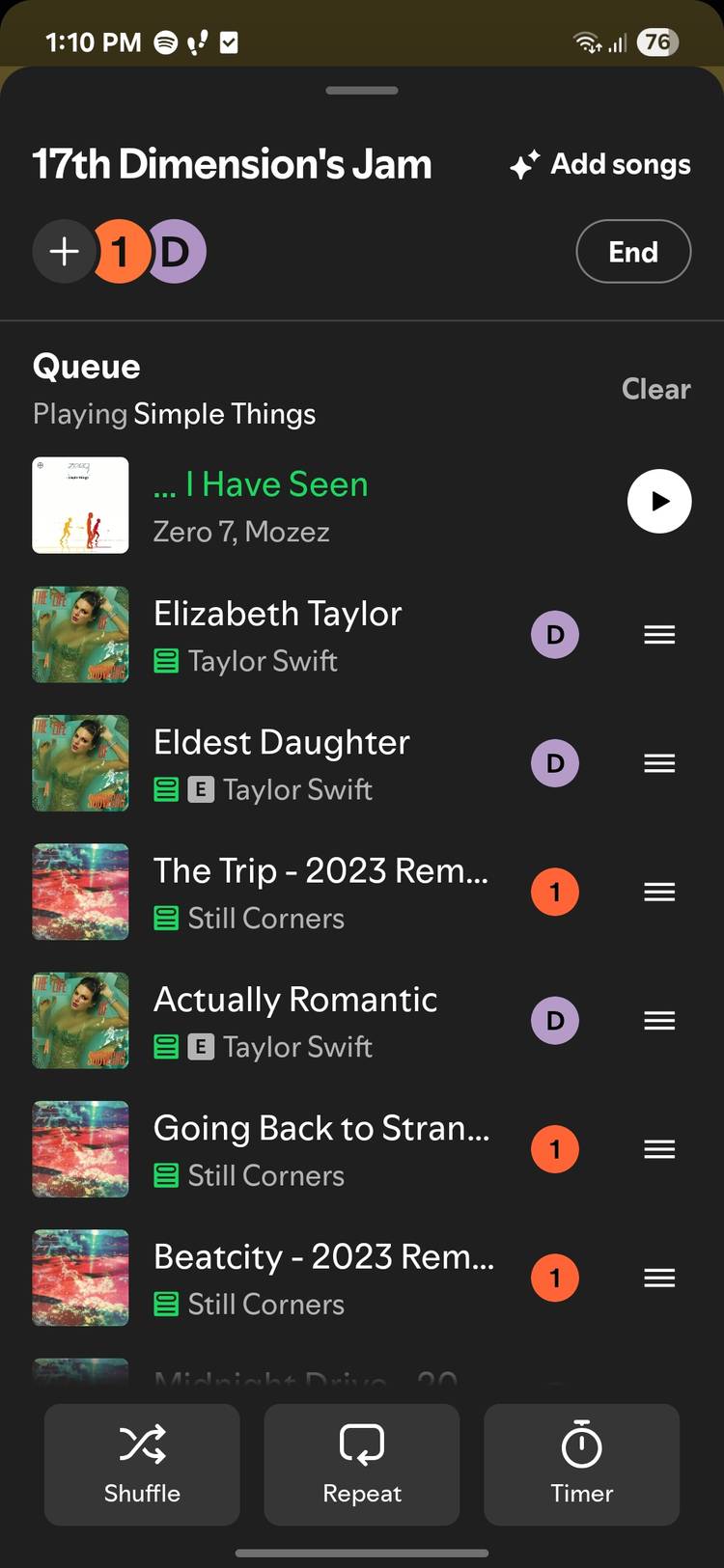 Screenshot showing Spotify's Jam queue which includes songs added by multiple people. 